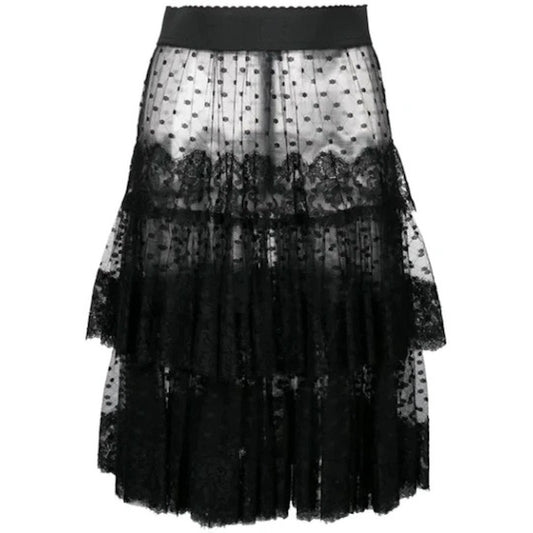 NWT Dolce & Gabbana Black Lace-trimmed Tiered Tulle Midi Skirt  IT 40 US S