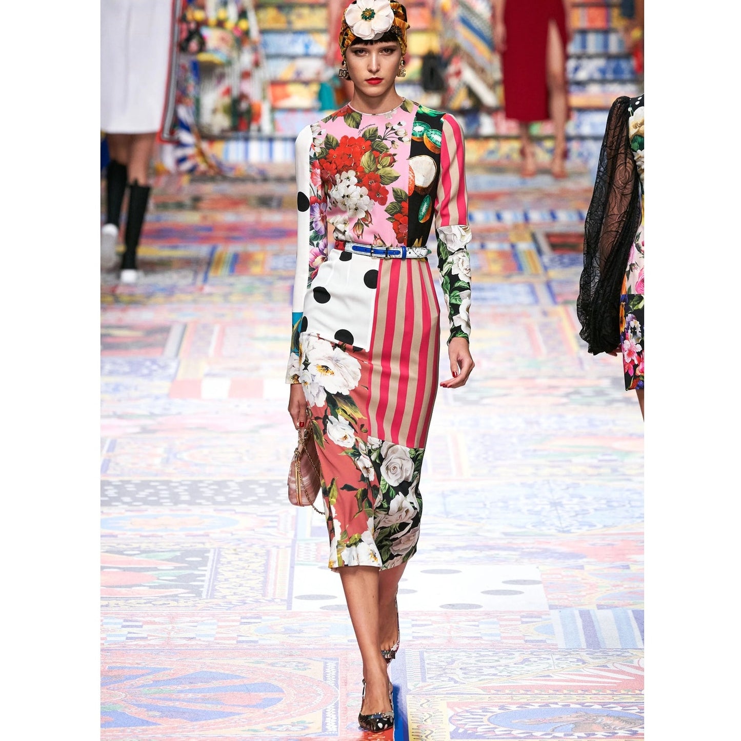 NWT Dolce & Gabbana Runway Multicolor Patchwork Long Sleeve Midi Dress IT 40 S