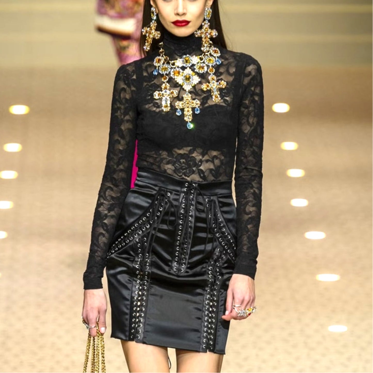 NWT Dolce & Gabbana Runway Black Lace-Up Stretch-Satin Mini Skirt IT 42 US M