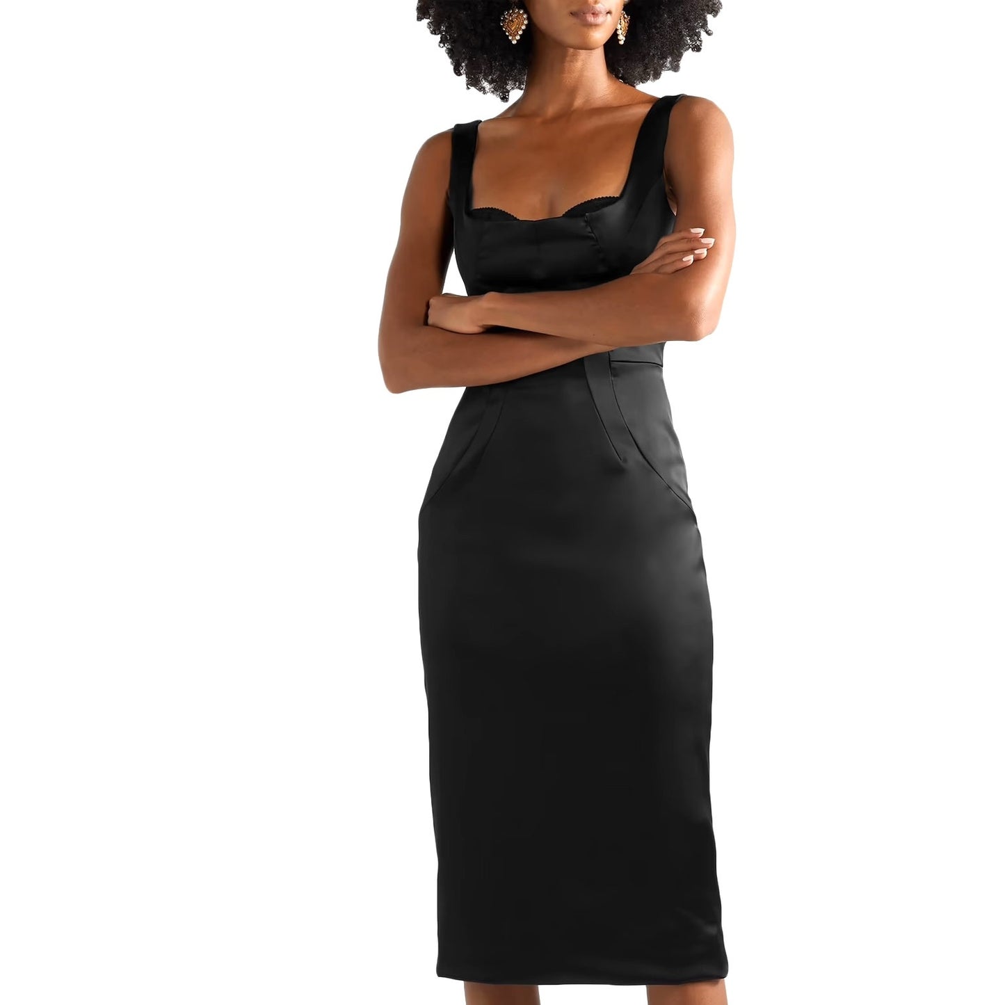 DOLCE & GABBANA Black Stretch Satin Sweetheart Bodycon Dress Midi 42 M