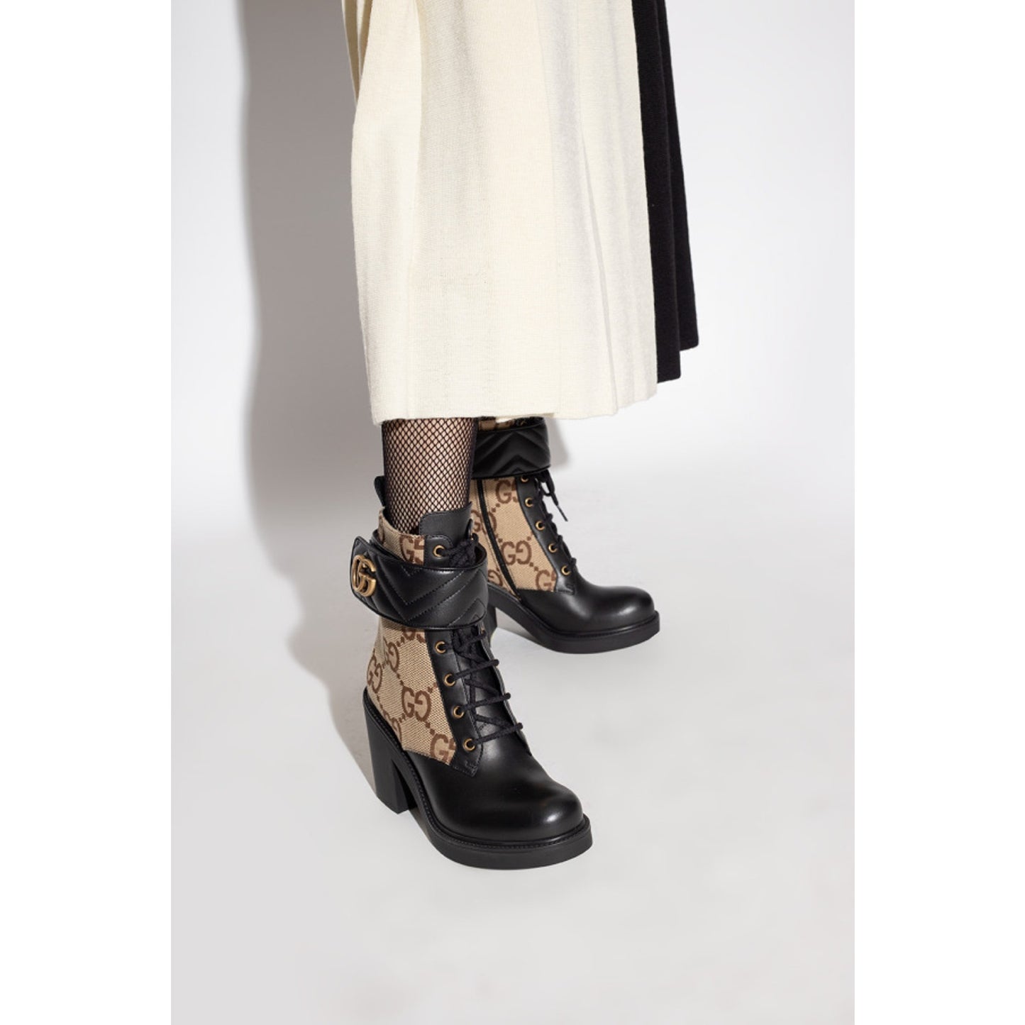 Gucci Beige & Black GG Marmont Combat Ankle Boots  Leather Canvas