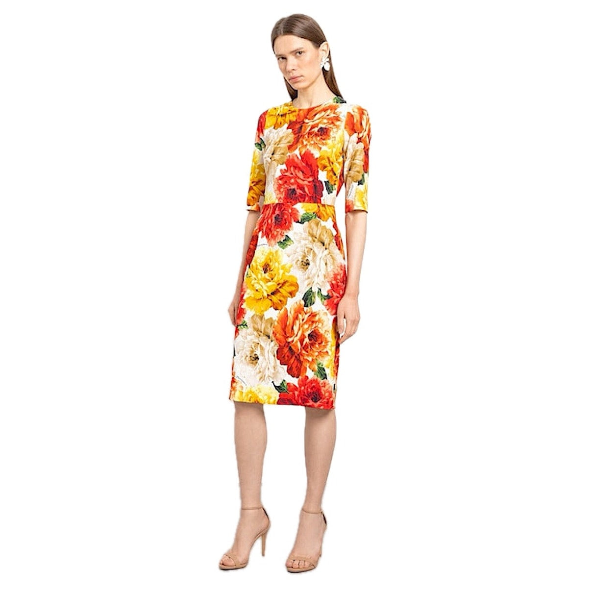 NWT Dolce & Gabbana Multicolor Marigold Floral Print Sheath Midi Dress IT 38 XS