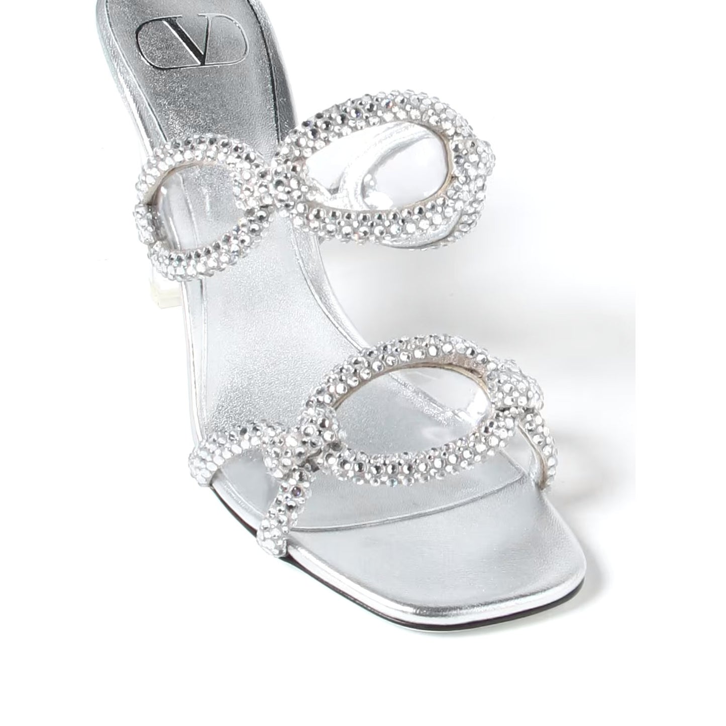Valentino Garavani Silver Chain 1967 Crystal Slip On Heeled Slide Sandal