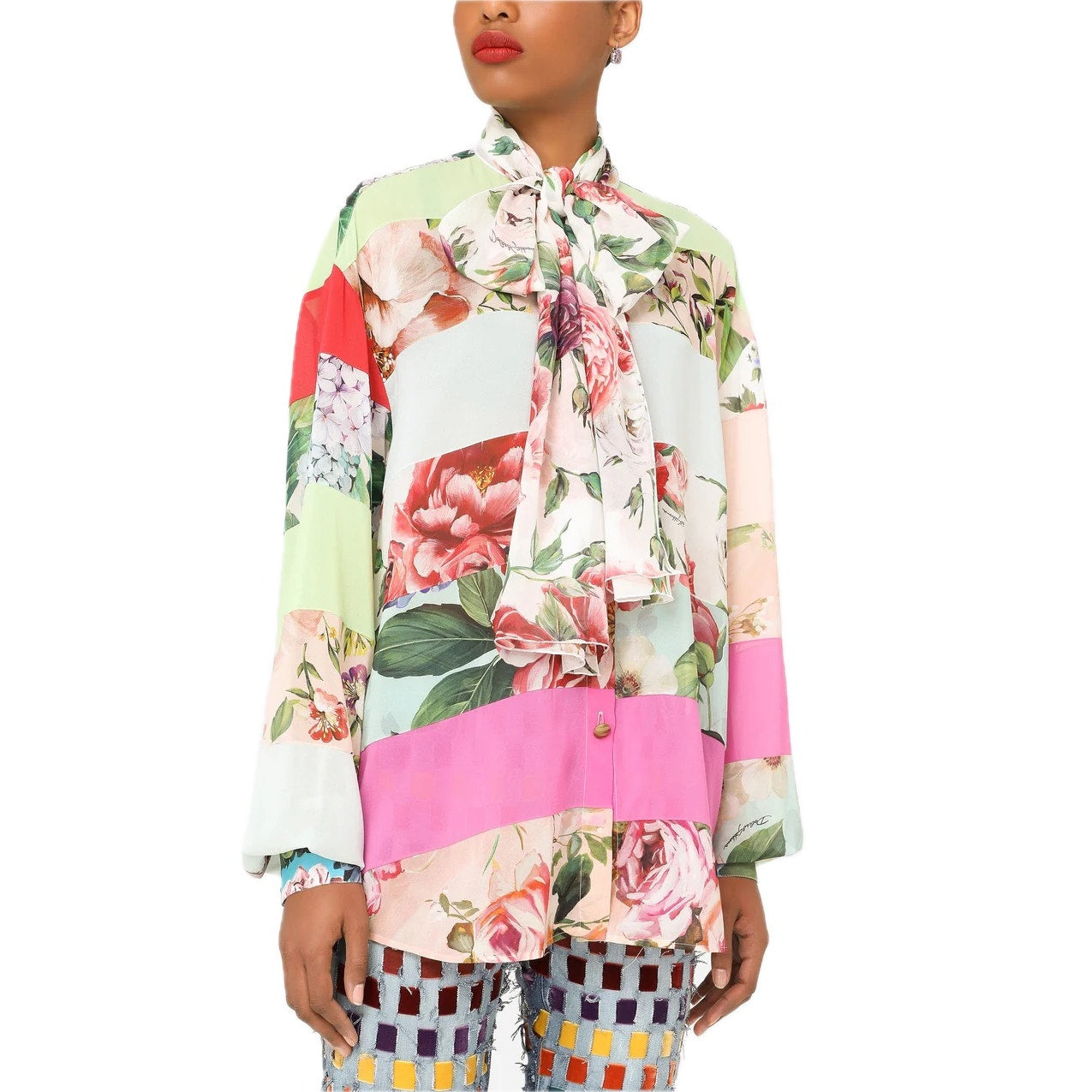 NWT Dolce & Gabbana Floral Patchwork Blouse Tie Collar Silk Shirt Pink IT 38 XS
