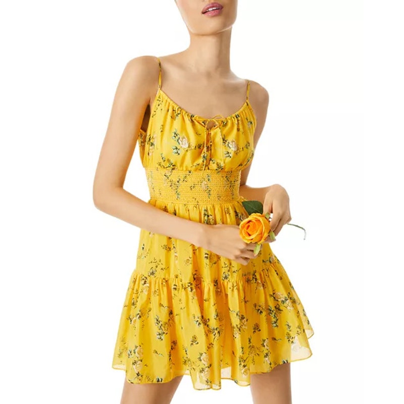 Alice + Olivia Lai Smocked Floral cotton Silk voile mini dress Yellow