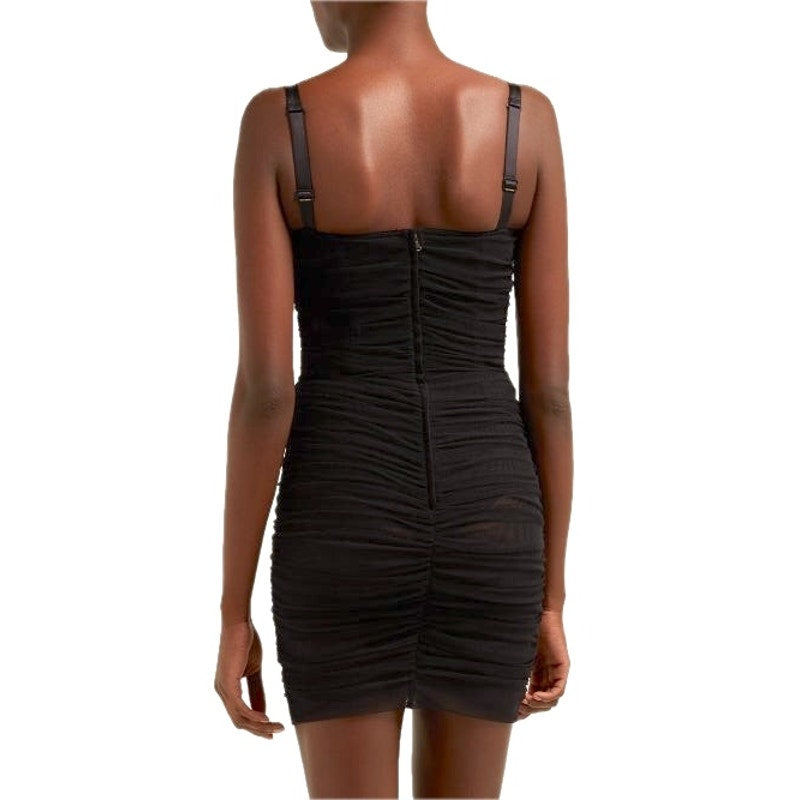 DOLCE & GABBANA Black Ruched Tulle Lace-Up Corset Dress Mini 42 M