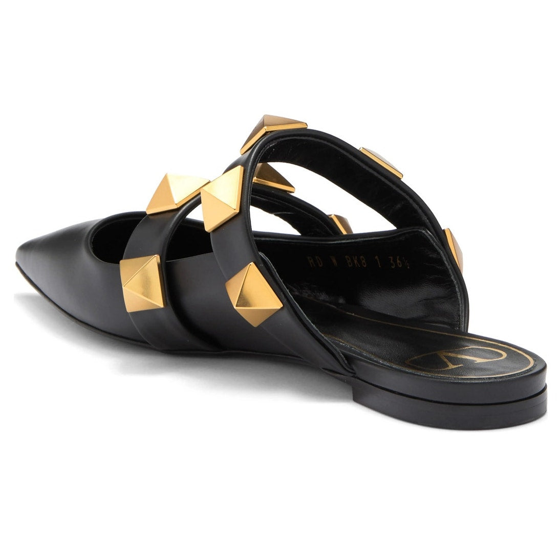 Valentino Garavani Black Roman Stud Flat Leather Mules Gold