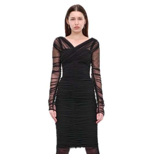 NWT Dolce & Gabbana Black Draped Stretch Cotton Tulle Midi Dress 40 S