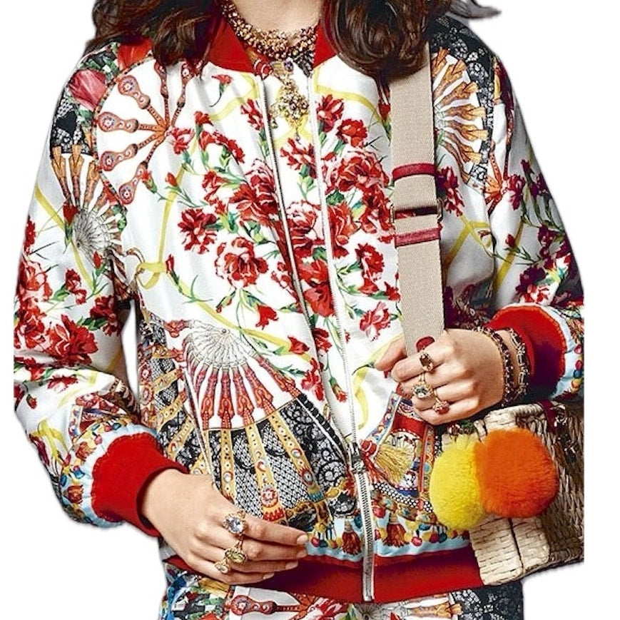 NWT Dolce & Gabbana Cream Red Printed Silk Bomber Jacket Multi IT 38 US XS