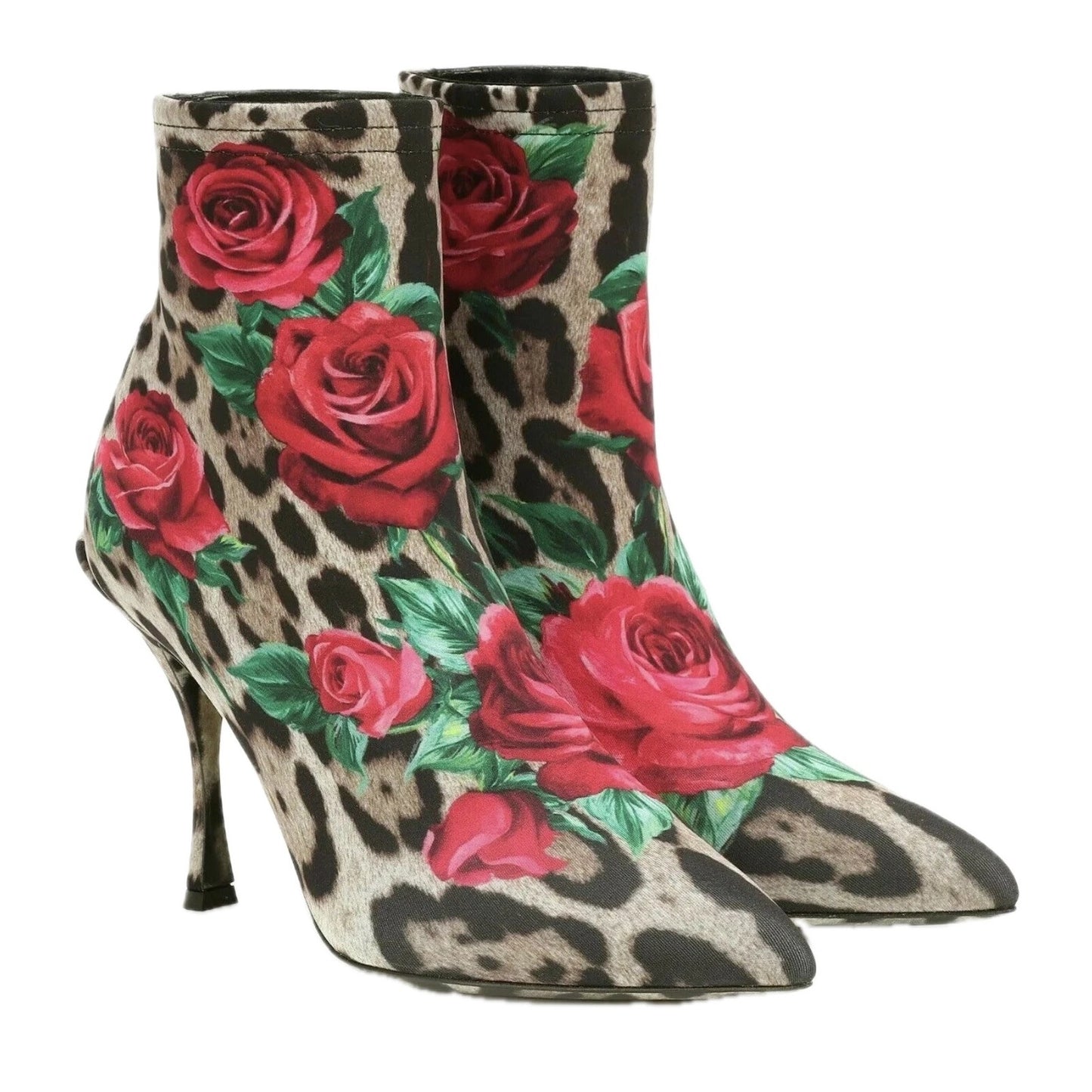 Dolce & Gabbana Floral Leopard Rose Print Stretch booties boots Tan Red 35.5