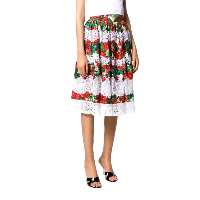 NWT Dolce & Gabbana Red Portofino Geranium print Poplin Lace Midi Skirt IT 42 US M