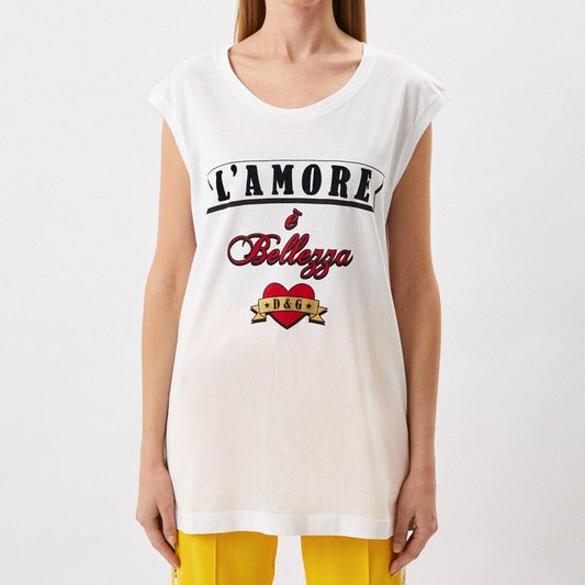 Dolce & Gabbana White Sleeveless L'Amore E Bellezza Cotton T-shirt