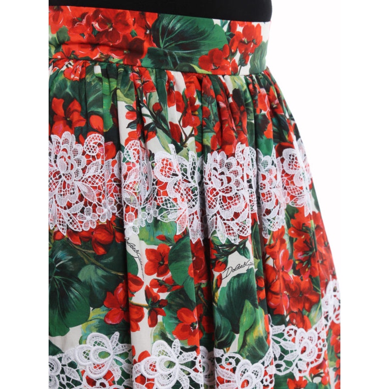 NWT Dolce & Gabbana Red Portofino Geranium print Poplin Lace Midi Skirt IT 42 US M