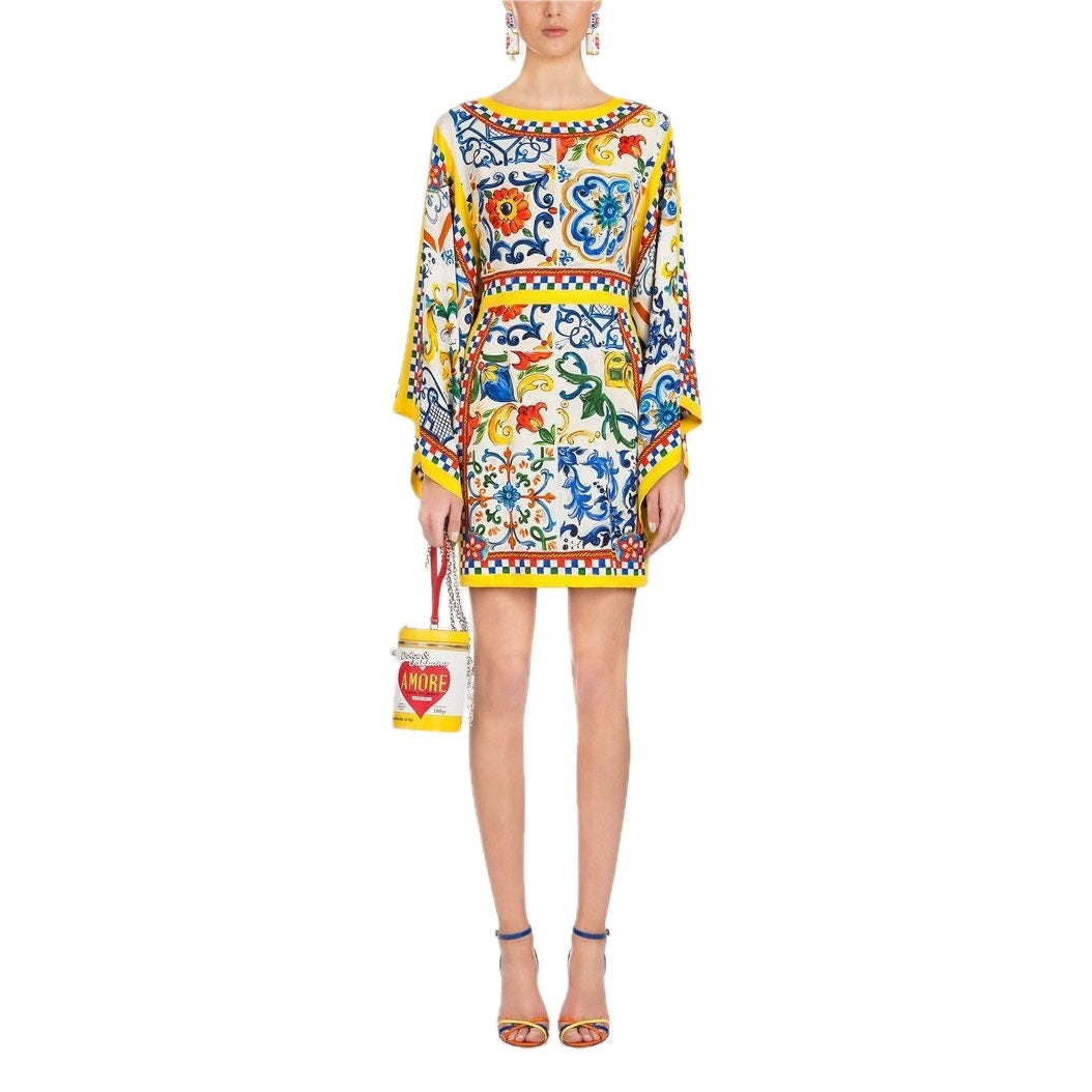 NWT Dolce & Gabbana White Yellow Majolica print Silk Charmeuse Dress IT 40 S