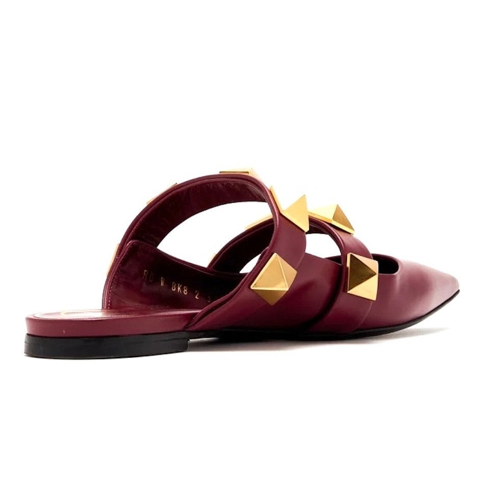 Valentino Garavani Burgundy Roman Stud Flat Leather Mules Gold 35.5