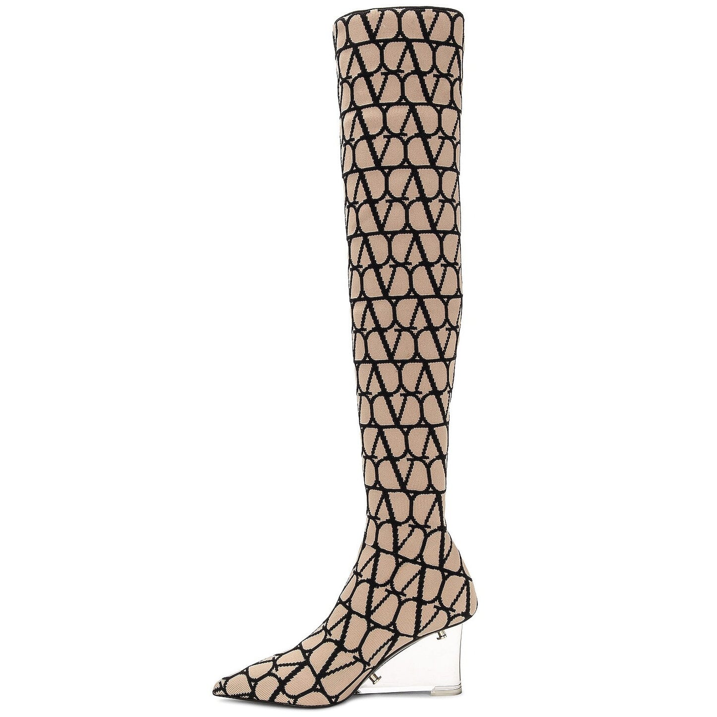 Valentino Garavani Iconographe Stretch Knit Over The Knee Boots Beige Black