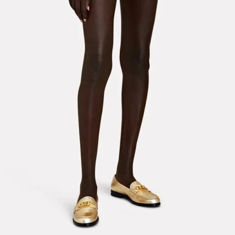 NIB Valentino Garavani  Vlogo Chain Metallic Napa Leather Loafers Gold 38.5