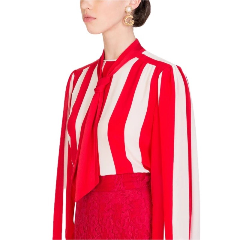 NWT Dolce & Gabbana Red White Striped Silk Crepe De Chine Blouse IT 40 S