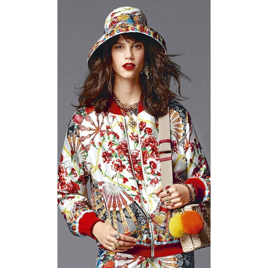 NWT Dolce & Gabbana Cream Red Printed Silk Bomber Jacket Multi IT 38 US XS