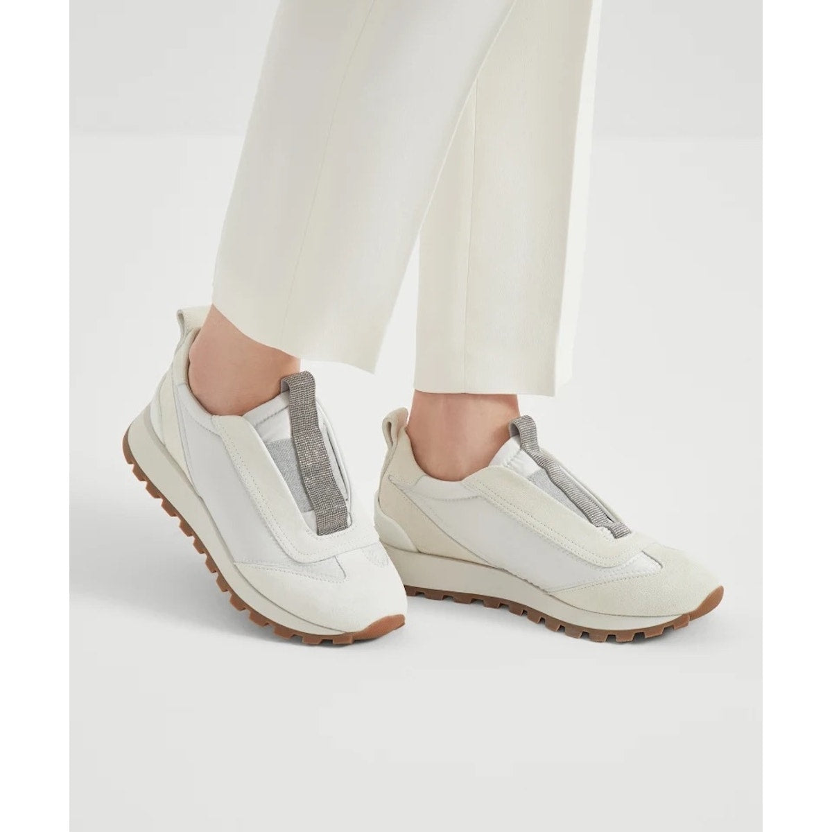 Brunello Cucinelli monili-embellished Suede Techno Fabric slip-on sneakers White