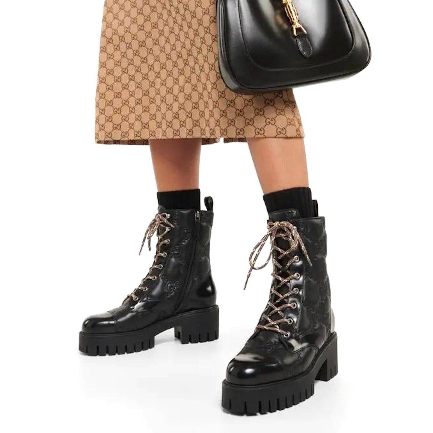 Gucci Women's GG Matelassé Leather Quilted Platform Combat Boots Black