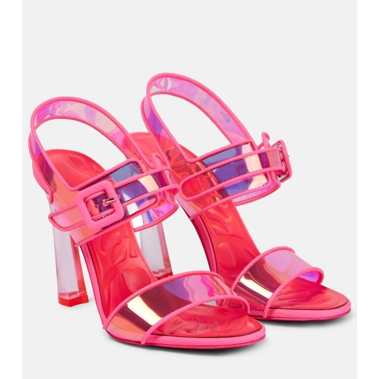 Christian Louboutin Duniss 100mm Leather and PVC Sandals Neon Pink