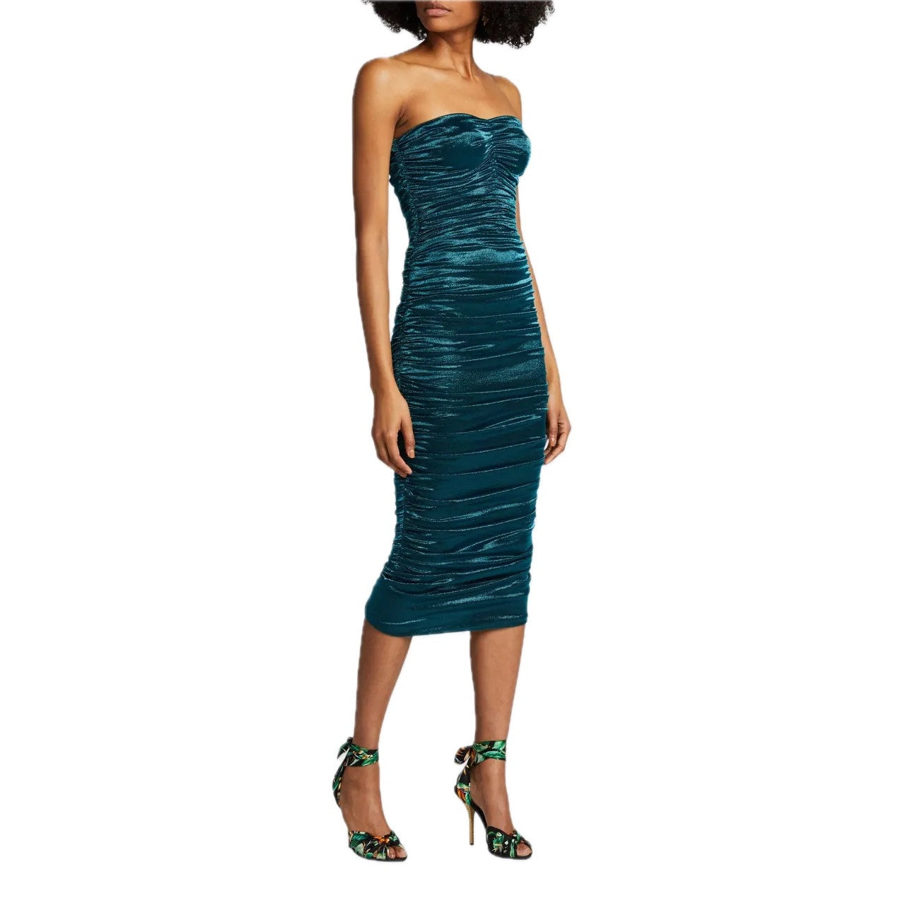 Dolce & Gabbana Green Longuette Lame Satin Ruched Bodycon Midi Dress