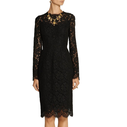 NWT Dolce & Gabbana Black Corded Lace Long Sleeve Midi Dress 46 XL