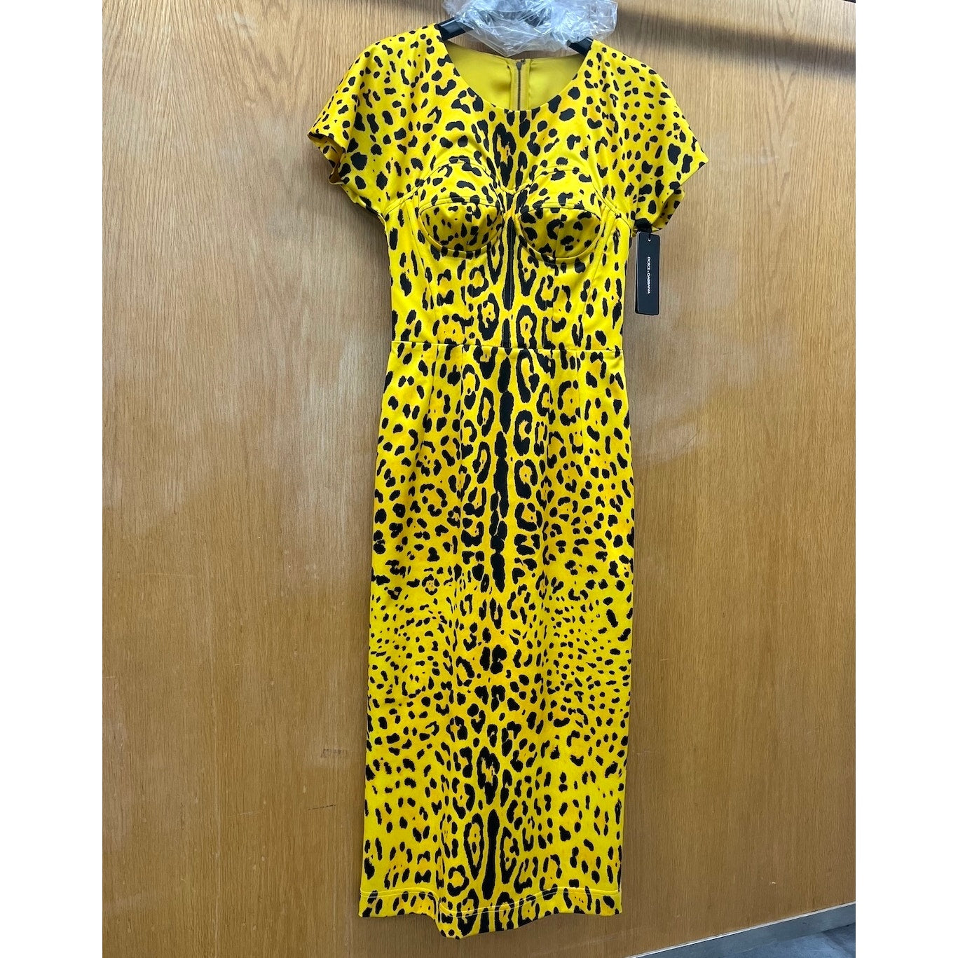 NWT Dolce & Gabbana Yellow Leopard-Print Midi Satin Dress 40 S