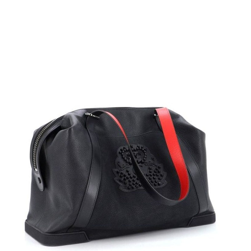 NWT Christian Louboutin Bagdamon Duffle Bag Black Calfskin Studded Crest Red Sole Base