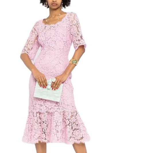 NWT Dolce & Gabbana Lace Overlay Short Sleeve Midi Dress 40 S