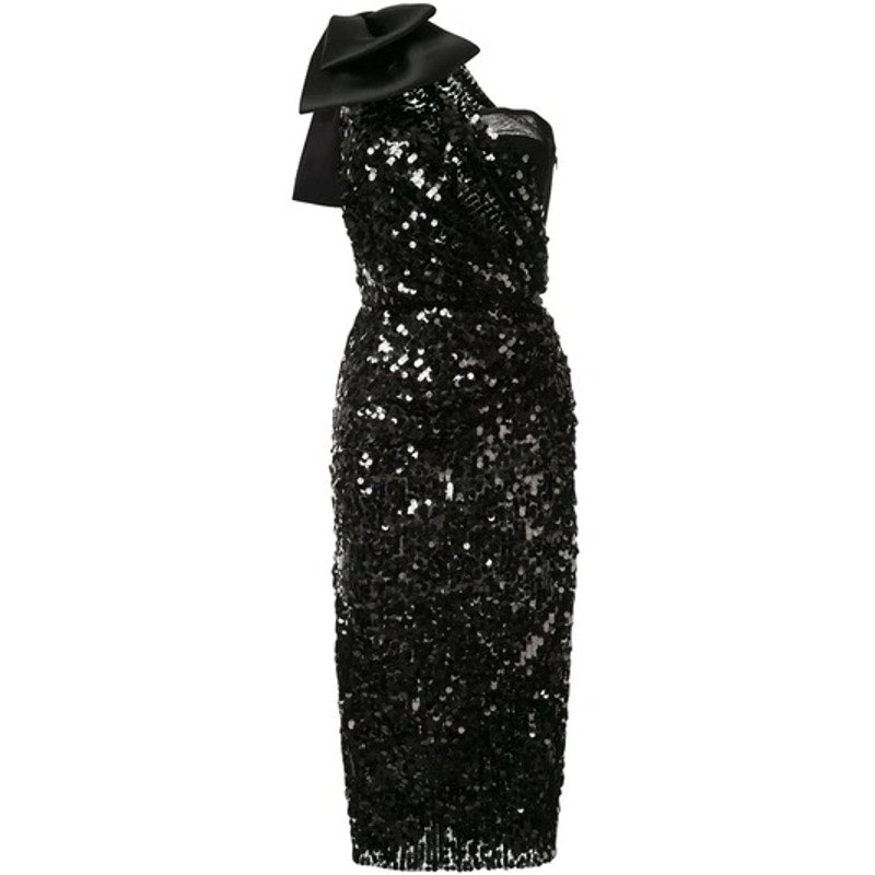 NWT Dolce & Gabbana Black Sequin One Shoulder Midi Cocktail Dress 42 M