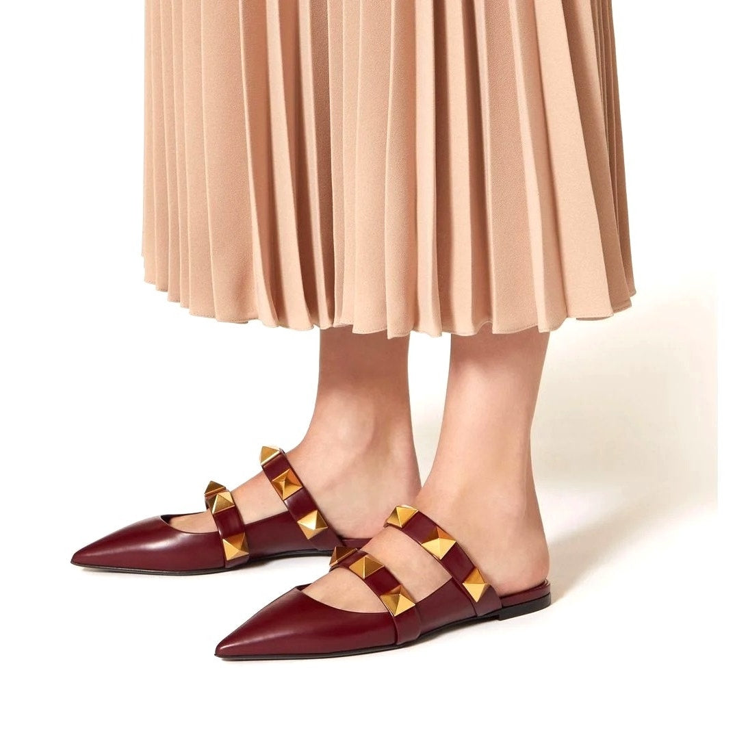 Valentino Garavani Burgundy Roman Stud Flat Leather Mules Gold 35.5