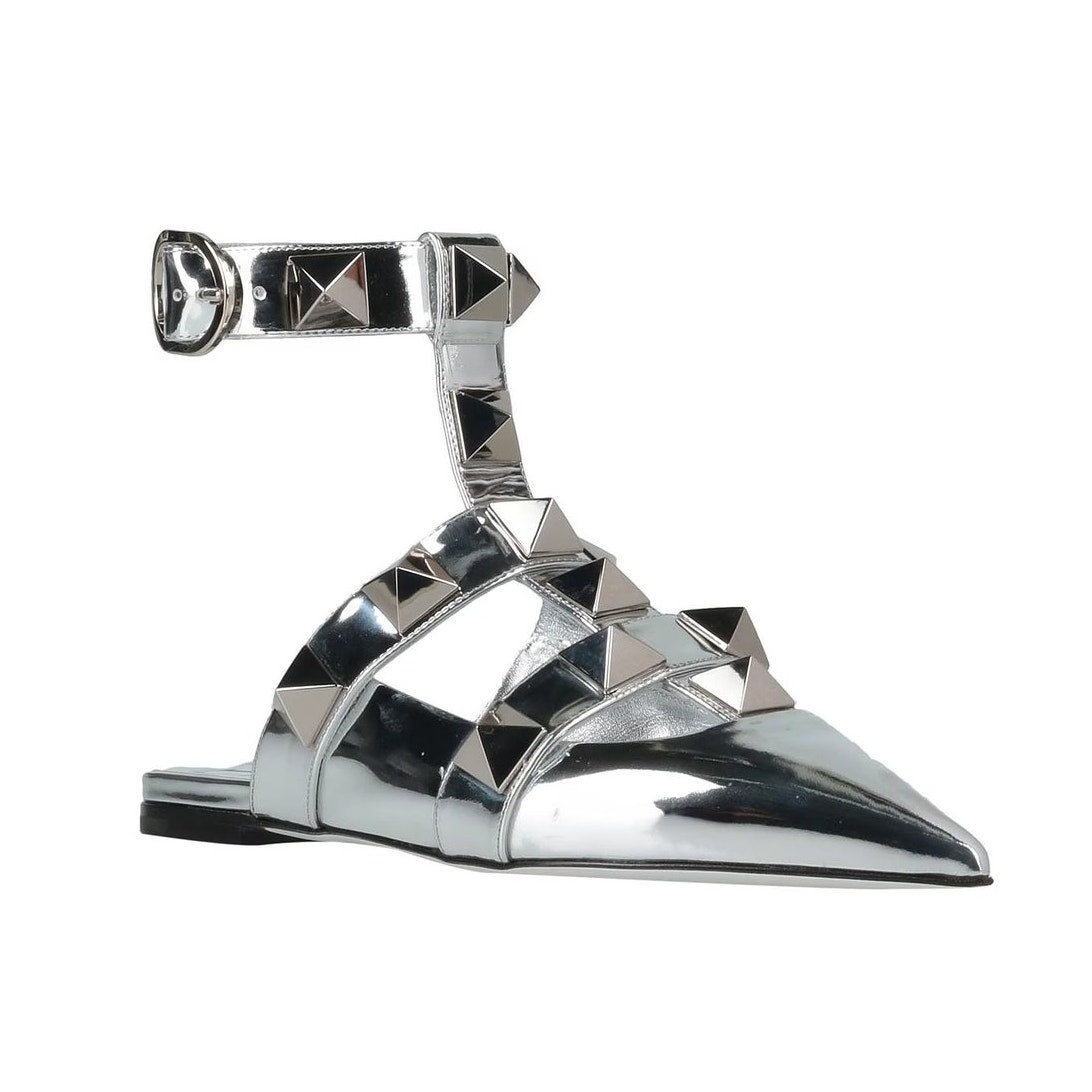 Valentino Garavani Silver Roman Stud Ballerina Flat Ankle Strap 36.5