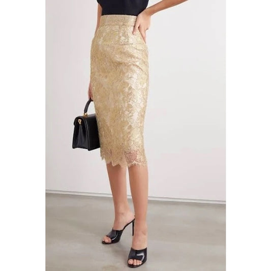 NWT Dolce & Gabbana Metallic Gold Lace Brocade Midi Skirt IT 38 US XS