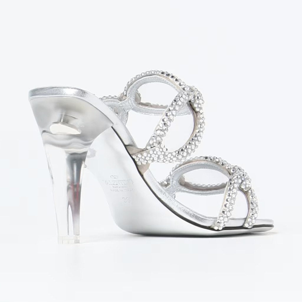 Valentino Garavani Silver Chain 1967 Crystal Slip On Heeled Slide Sandal