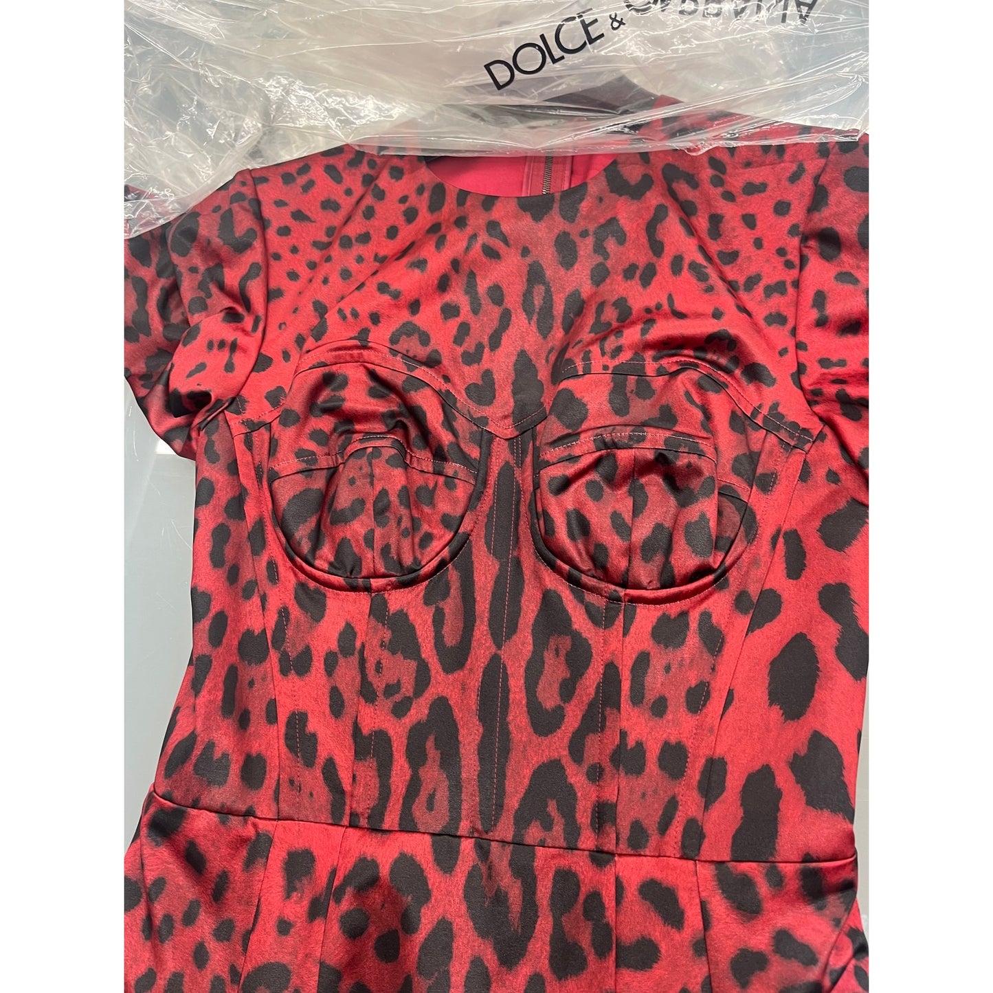 NWT Dolce & Gabbana Red Tubino bustier  Leopard-Print Satin Midi Dress 40 S