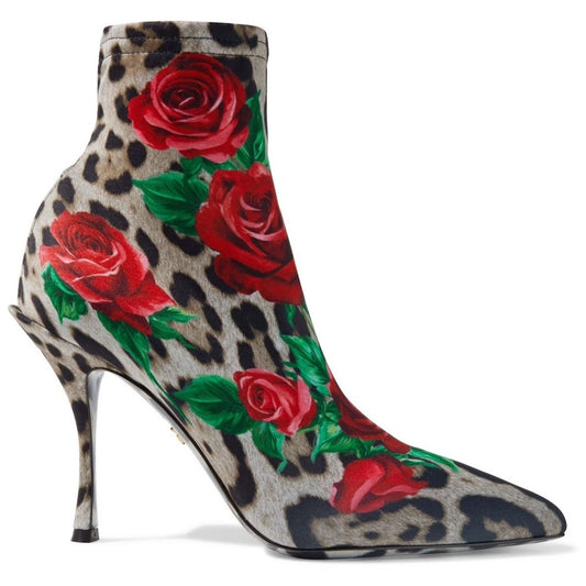Dolce & Gabbana Floral Leopard Rose Print Stretch booties boots Tan Red 35.5
