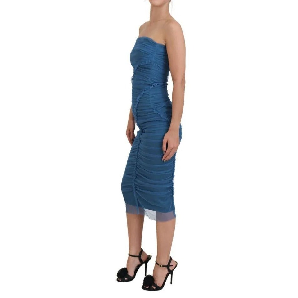 NWT Dolce & Gabbana Blue Tulle Ruched Mesh Bodycon Midi Dress 44 L