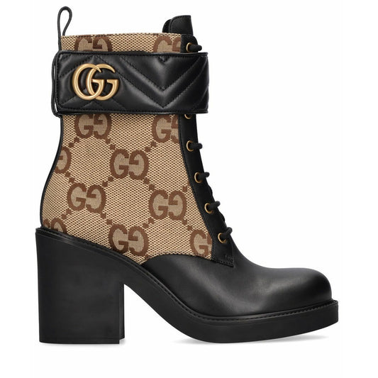 Gucci Beige & Black GG Marmont Combat Ankle Boots  Leather Canvas