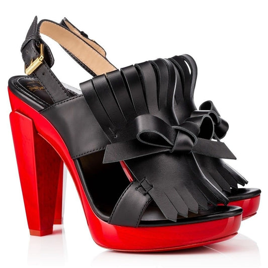 Christian Louboutin  Soclogolfi 120 Fringe Platform Slingback Sandals Black Red