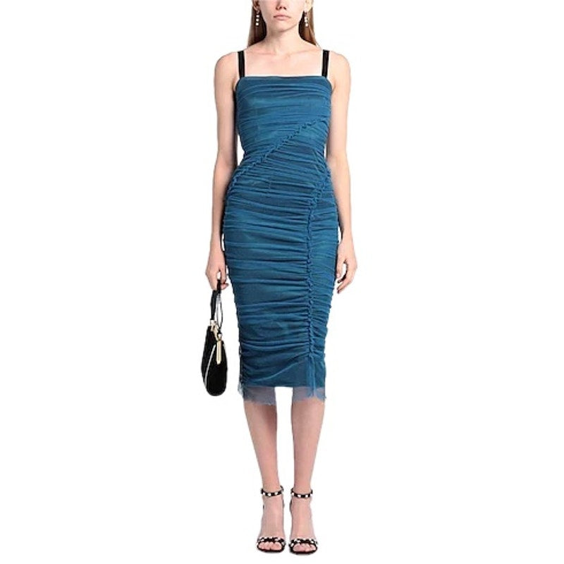 NWT Dolce & Gabbana Blue Tulle Ruched Mesh Bodycon Midi Dress 44 L