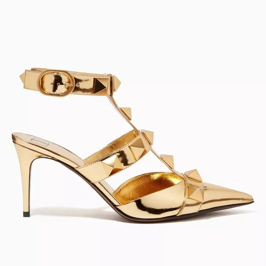 Valentino Garavani Gold Roman Stud Ankle Strap Leather Pumps