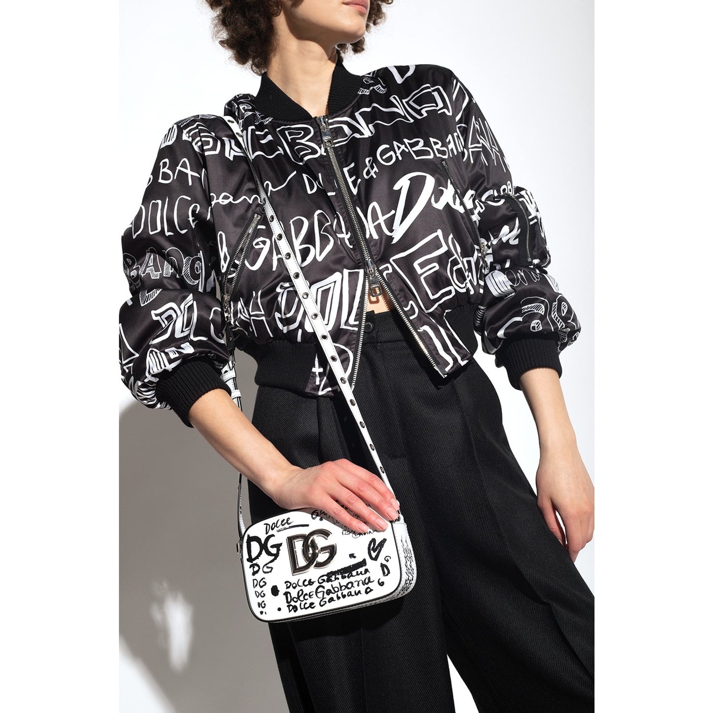 NWT Dolce & Gabbana Black White Logo Print Zip up Bomber Jacket IT 38 US XS