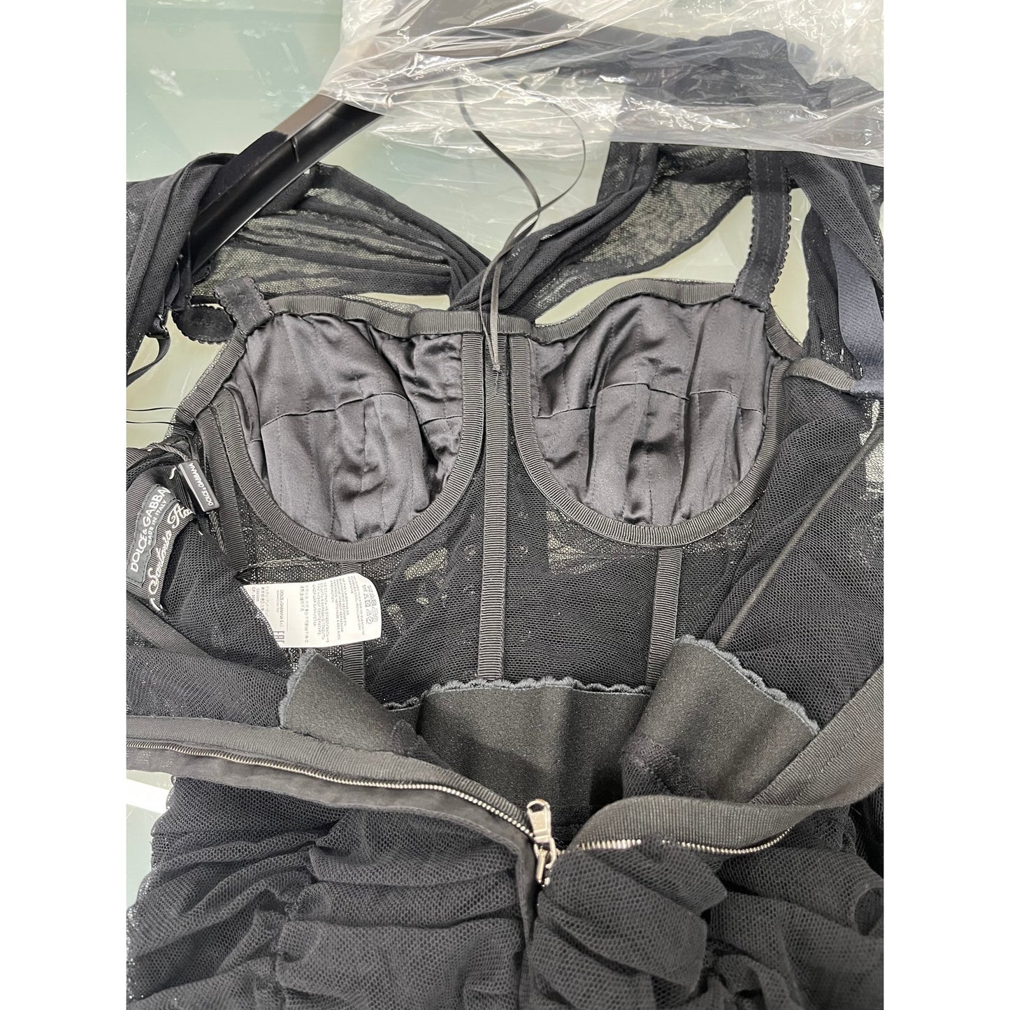 NWT Dolce & Gabbana Black lace-up corset midi Tulle Ruched Bustier Dress 40 S