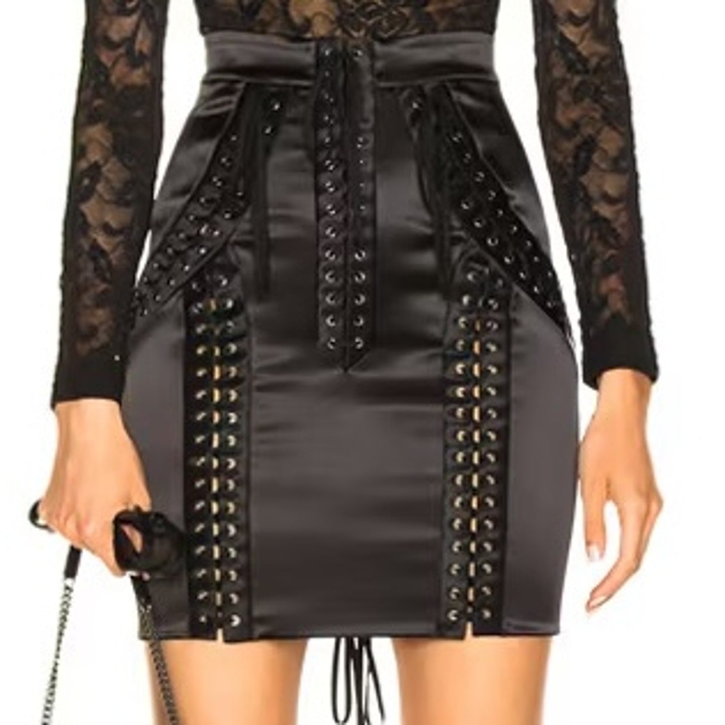 NWT Dolce & Gabbana Runway Black Lace-Up Stretch-Satin Mini Skirt IT 42 US M