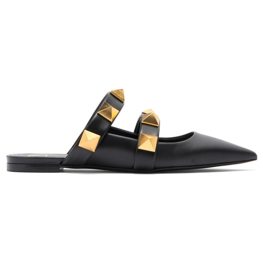 Valentino Garavani Black Roman Stud Flat Leather Mules Gold
