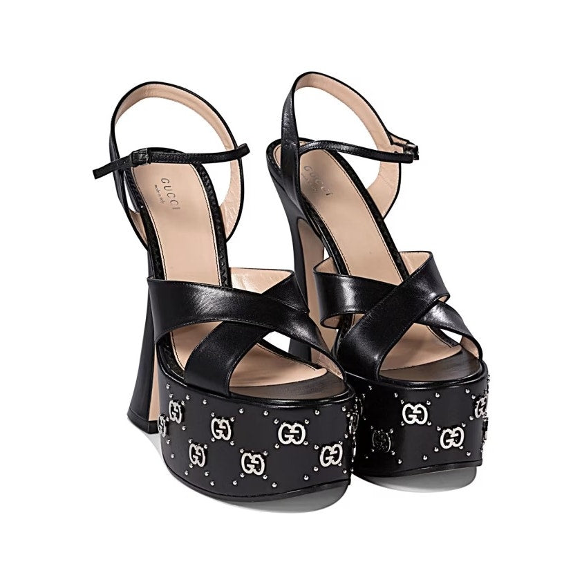 Gucci GG Embellished Black Platform sandal Silver Interlocking G Studs 37