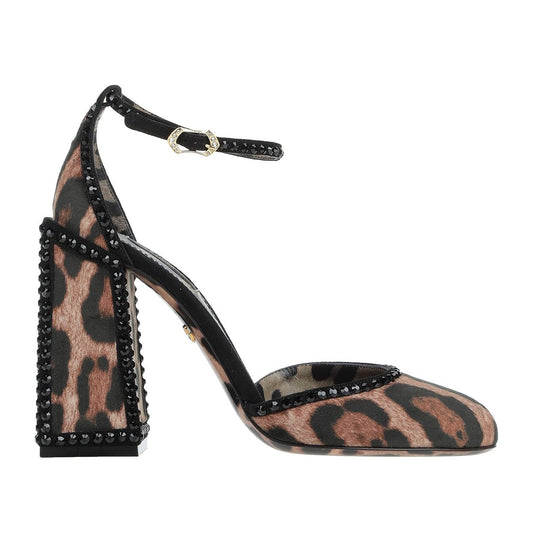 Dolce & Gabbana Leopard Crystal Velvet Ankle Strap Pumps Black Brown