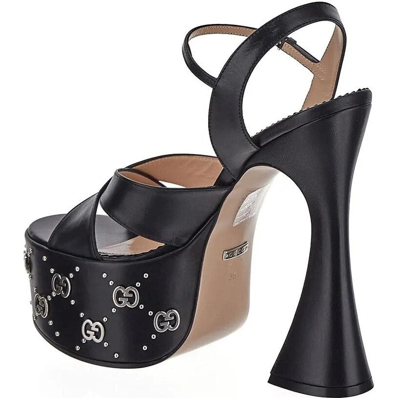 Gucci GG Embellished Black Platform sandal Silver Interlocking G Studs 37